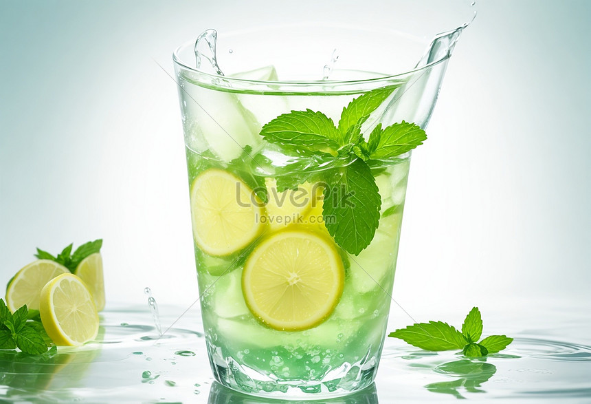 Mojito drink with lime wedge, cocktail glass, green,...