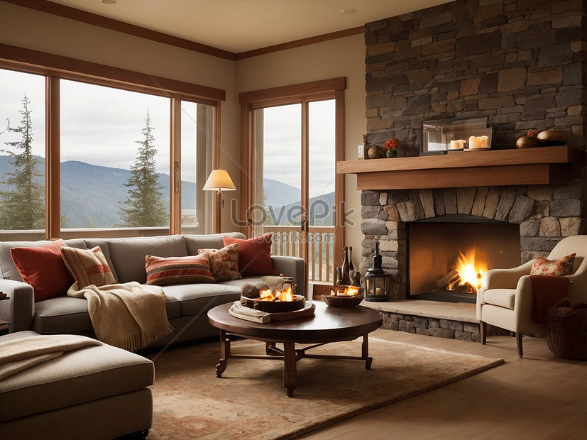 Cozy Living Room Interior With Fireplace And Comfortable Sofa Picture ...