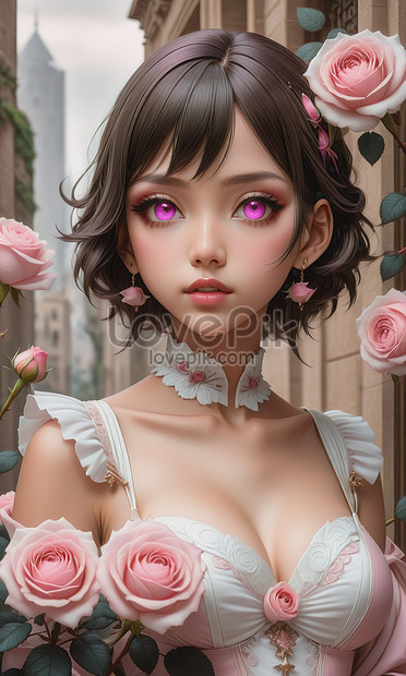 A Beautiful 3d Anime Girl Pink And White Rose Flowers Background