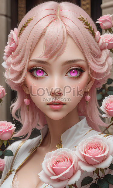 A Beautiful 3d Anime Girl Pink And White Rose Flowers Background 사진 무료