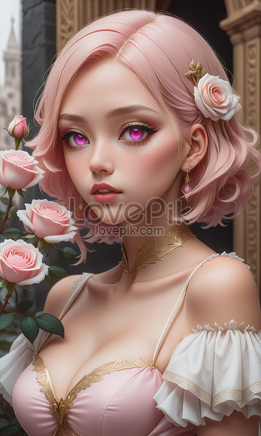 A Beautiful 3d Anime Girl Pink And White Rose Flowers Background