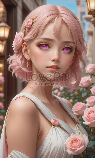 A Beautiful 3d Anime Girl Pink And White Rose Flowers Background