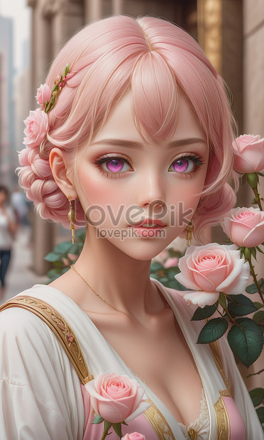 A Beautiful 3d Anime Girl Pink And White Rose Flowers Background