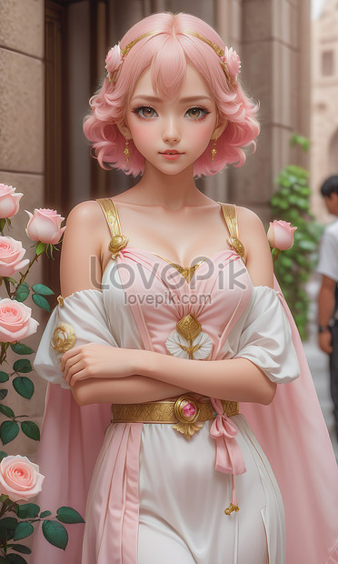 A Beautiful 3d Anime Girl Pink And White Rose Flowers Background