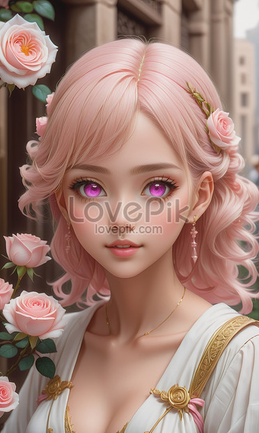 A Beautiful 3d Anime Girl Pink And White Rose Flowers Background Hd