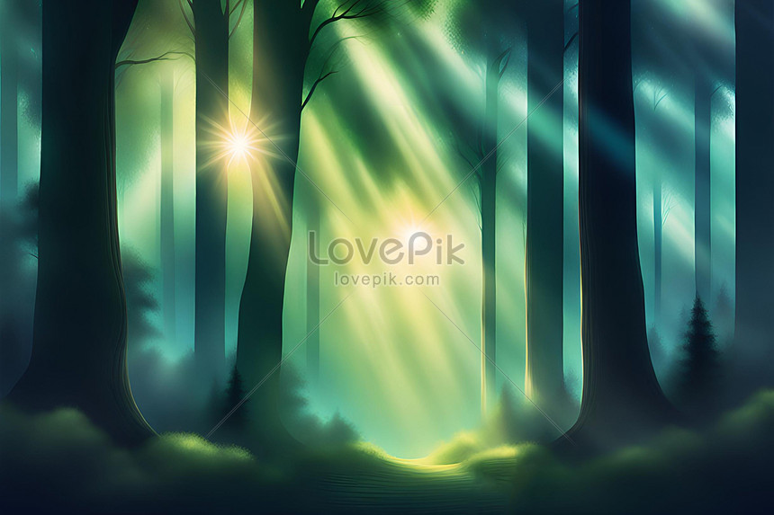 Fantasy dark forest with rays of light and fog, light,  forest,  fog HD Photo