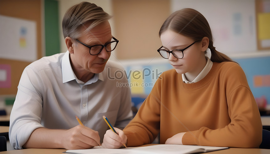 Serious mature teacher and teenage girl doing homework in classroom, education,  student,  school HD Photo