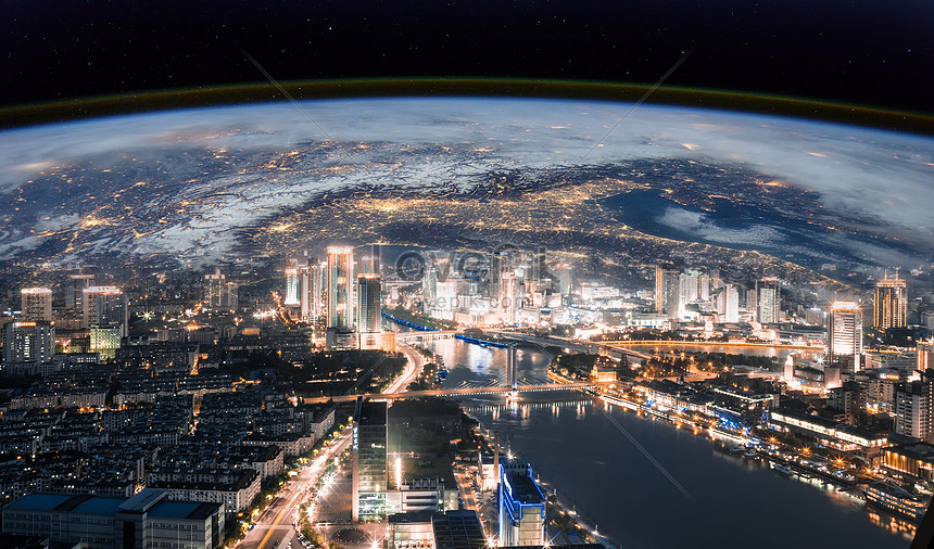 The night view of the city under the background of the earth creative  image_picture free download 
