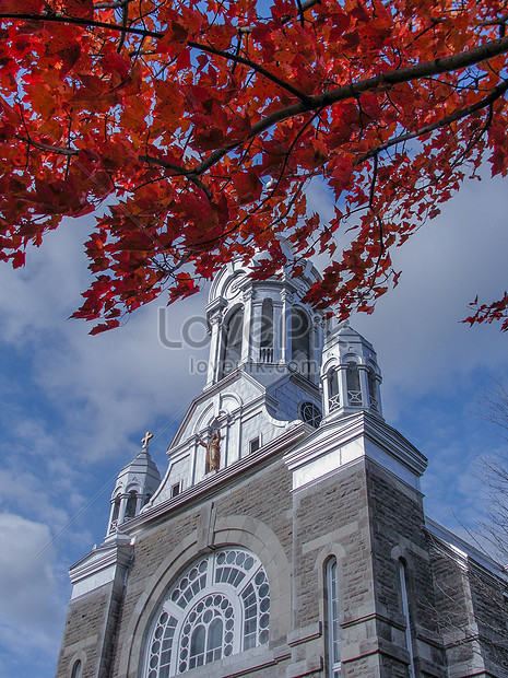 Late Autumn Red Leaves And Churches In Small Canadian Towns Photo