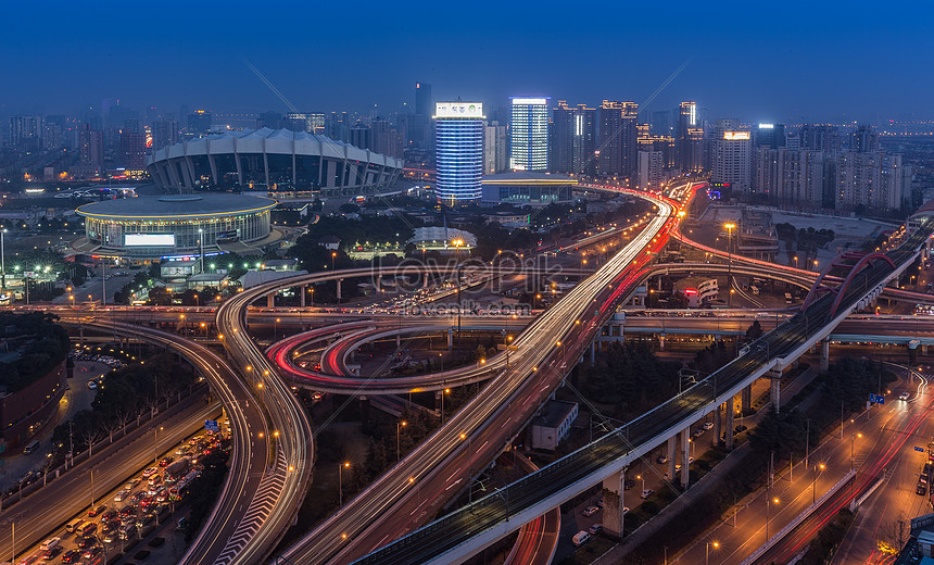 Lalu Lintas Perkotaan Shanghai Pemandangan Malam Hari Gambar