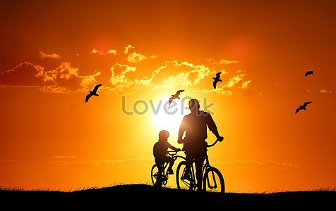 The photo of the father and daughter under the sunset creative image ...