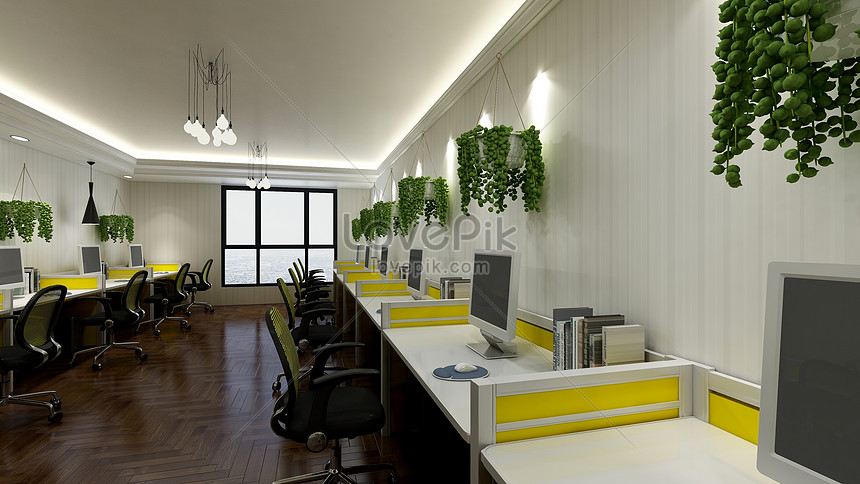Hãy chiêm ngưỡng thiết kế nền văn phòng màu xanh dương bóng mát. Hàng loạt cây xanh và bức tranh hoa tươi sáng tạo ra không gian làm việc rất thư giãn và tươi mới.