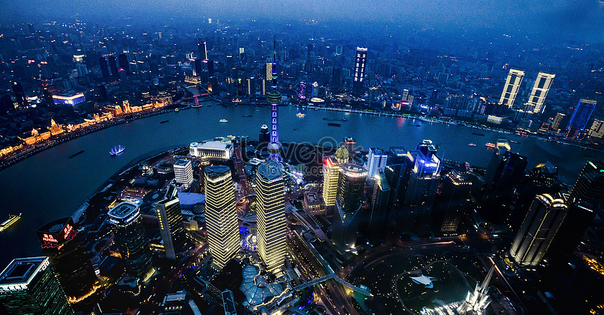 Pemandangan Udara Shanghai Di Malam Hari Gambar Unduh