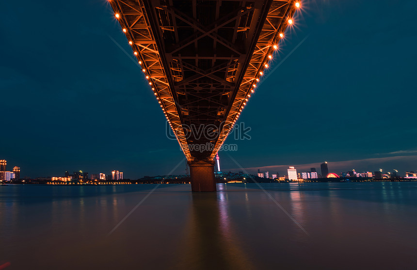 Pemandangan Malam Jembatan Sungai Yangtze Wuhan Gambar Unduh