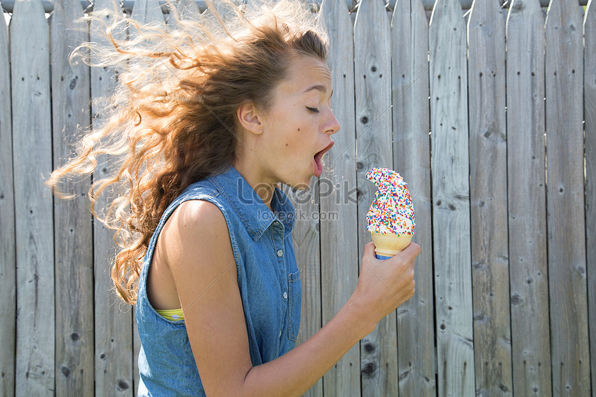 Teenage Girl Eating Ice Cream Cone Photo Image Picture Free Download Lovepik Com