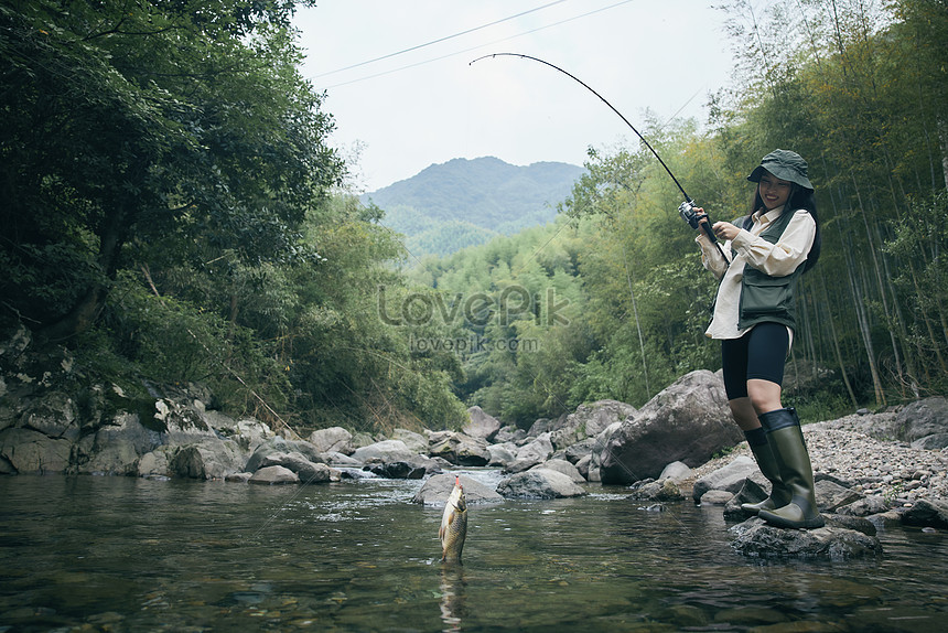 Young Women Outdoor Stream Fishing Picture And HD Photos