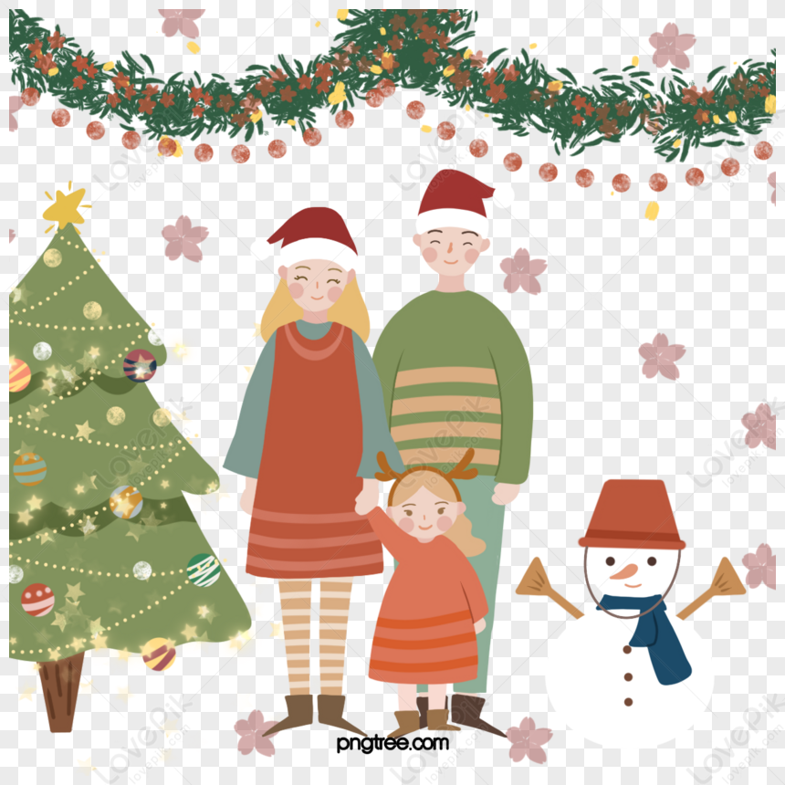 Hand Drawn Christmas Family Scene Christmas Tree Color Snowman ...