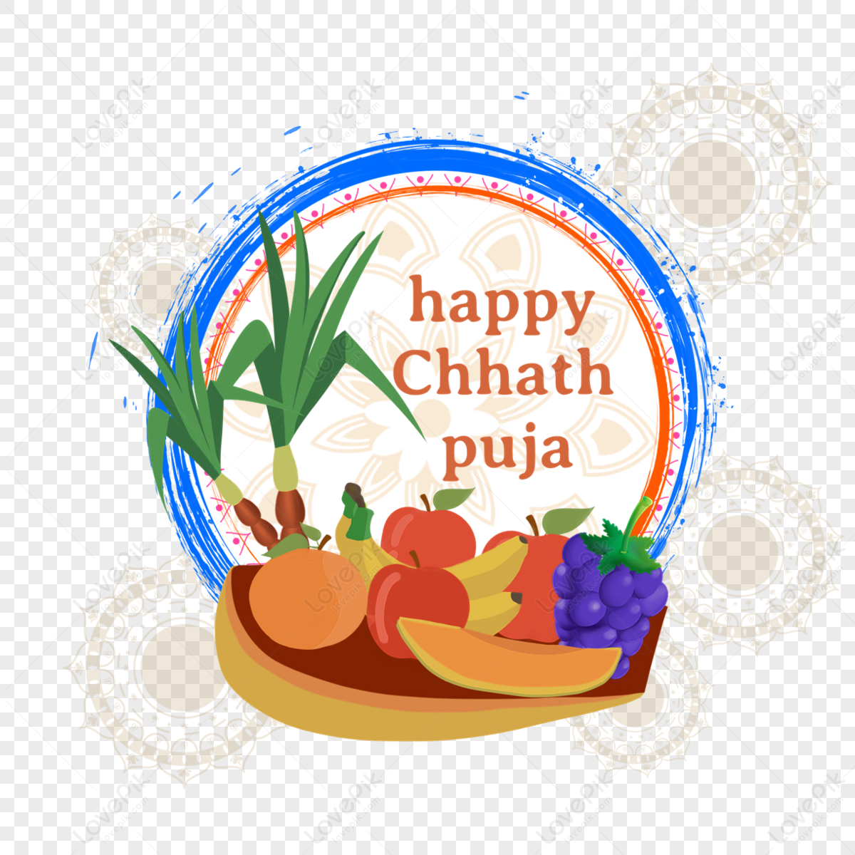 Happy Chhath Puja Various Fruit Blue Brush Round Border, Happy Chhath ...