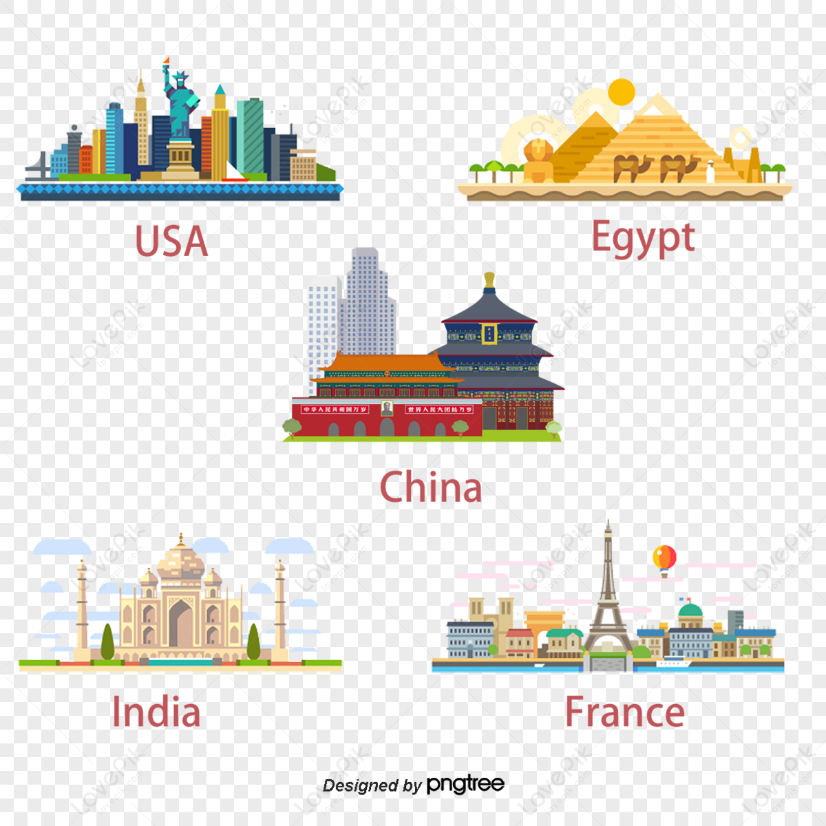 8 hand-painted world famous buildings vector,famous paintings,statue of liberty free png