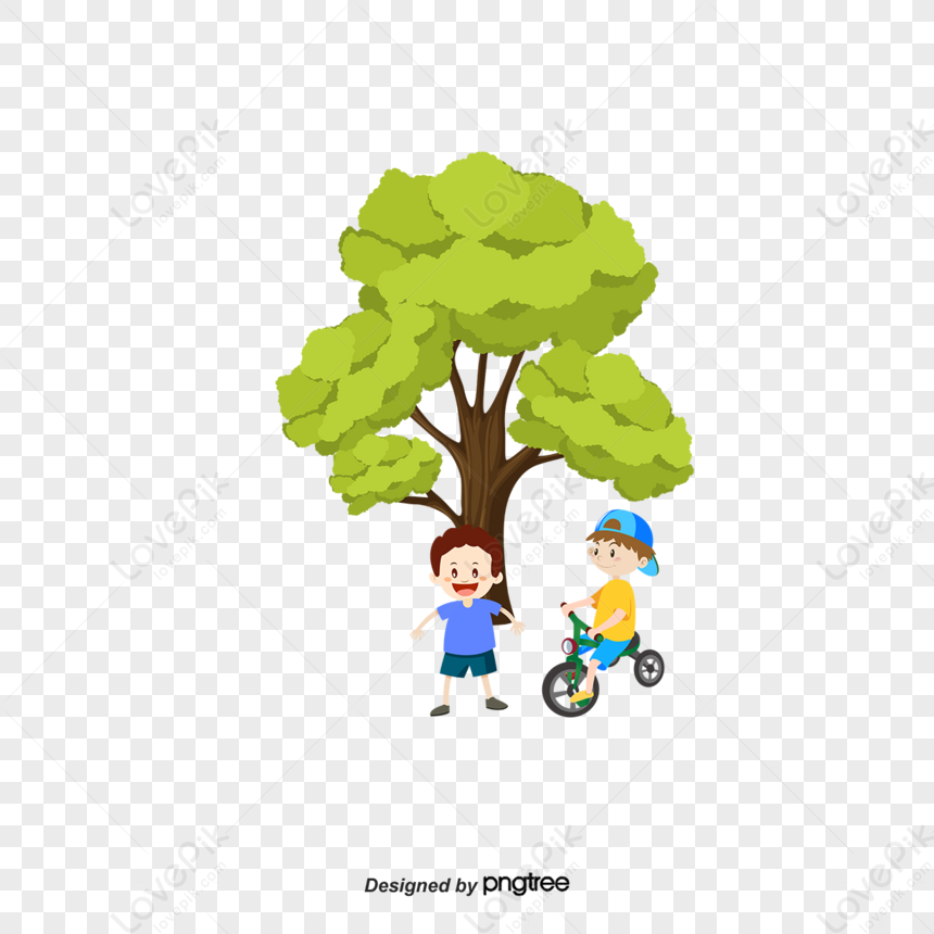 Vector Hand-painted Children Playing Under The Tree,hill,flowers Png 