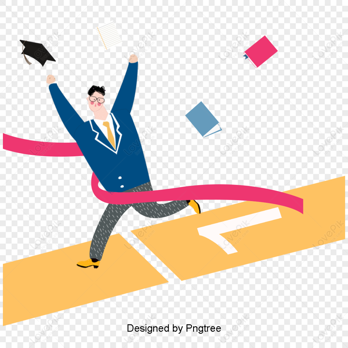 cartoon  student sprints to the finish line,glasses,notebook png transparent background