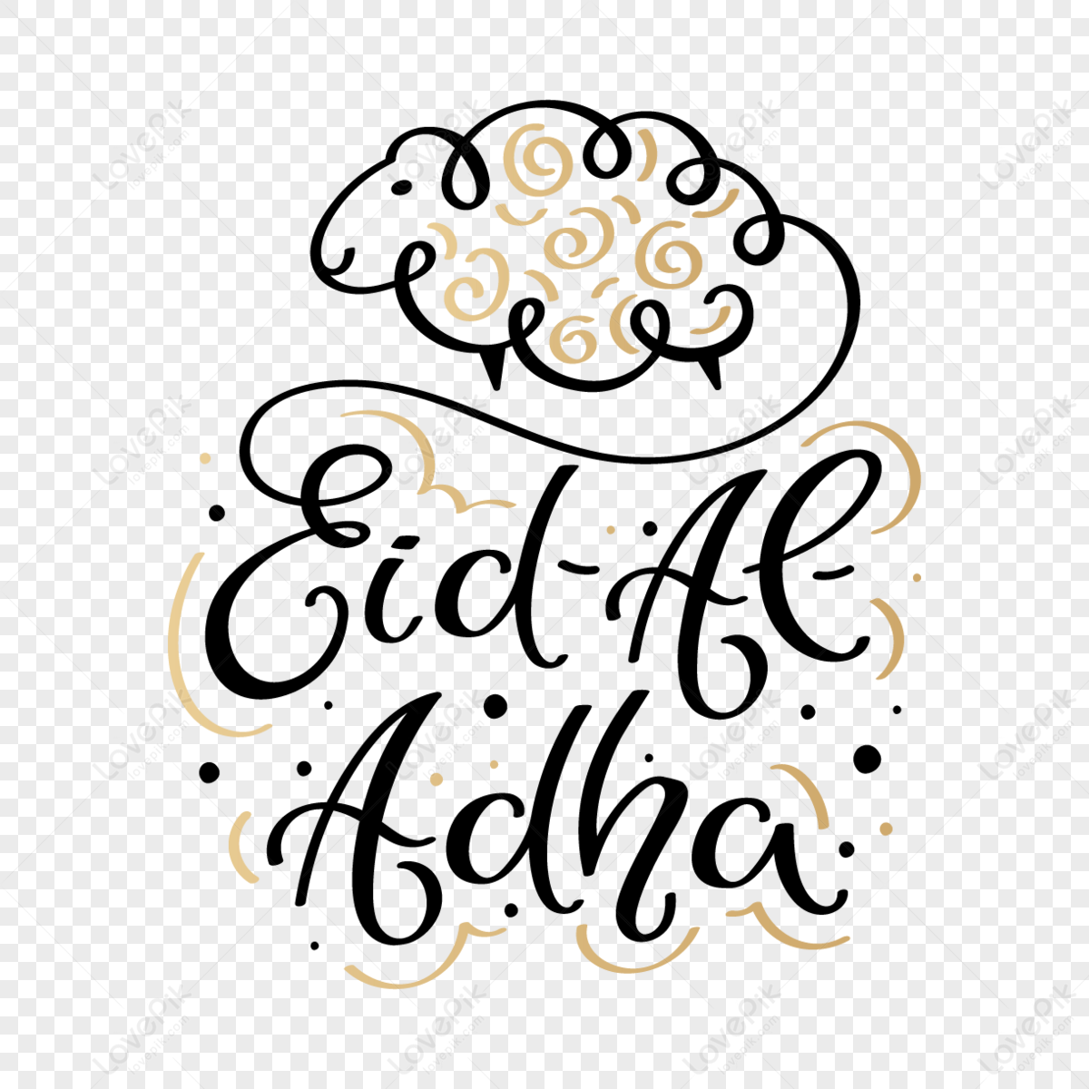 eid al adha  lettering passing into a stylized ram of fine lines in black and gold design png free download