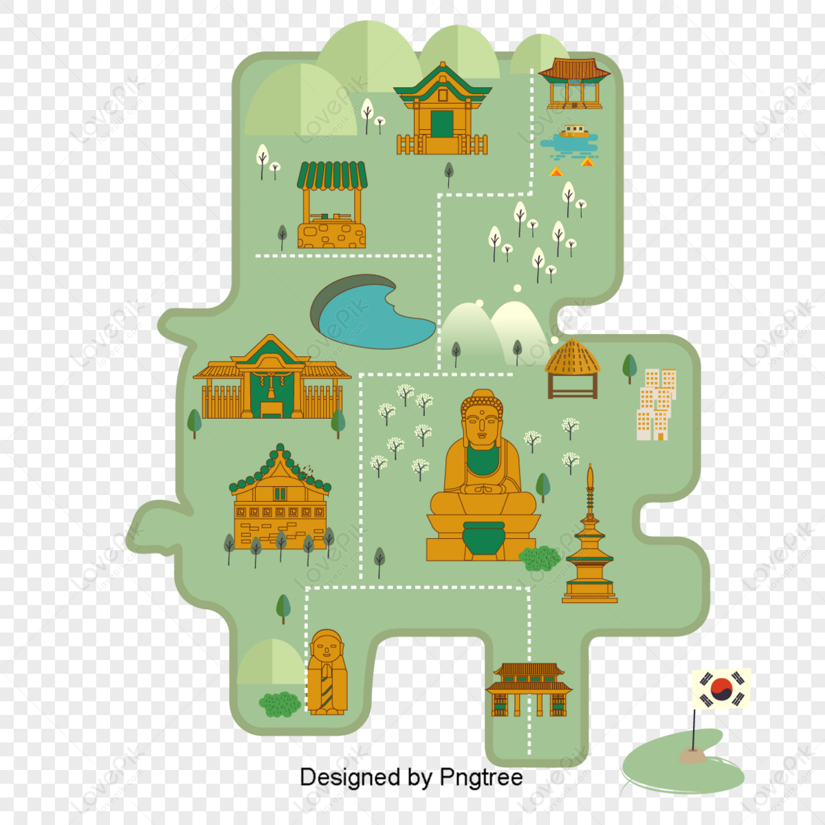 the cartoon south korea travel vector material,map,geographical mark png transparent image