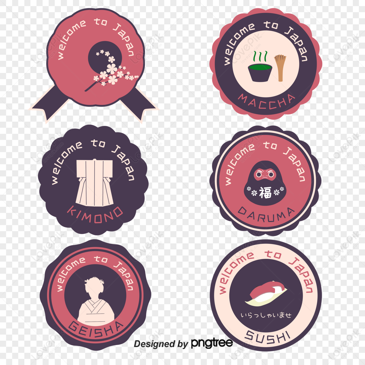 Japanese Travel Label Stickers 6 Sets of Pink Systems,sushi,setting png transparent background