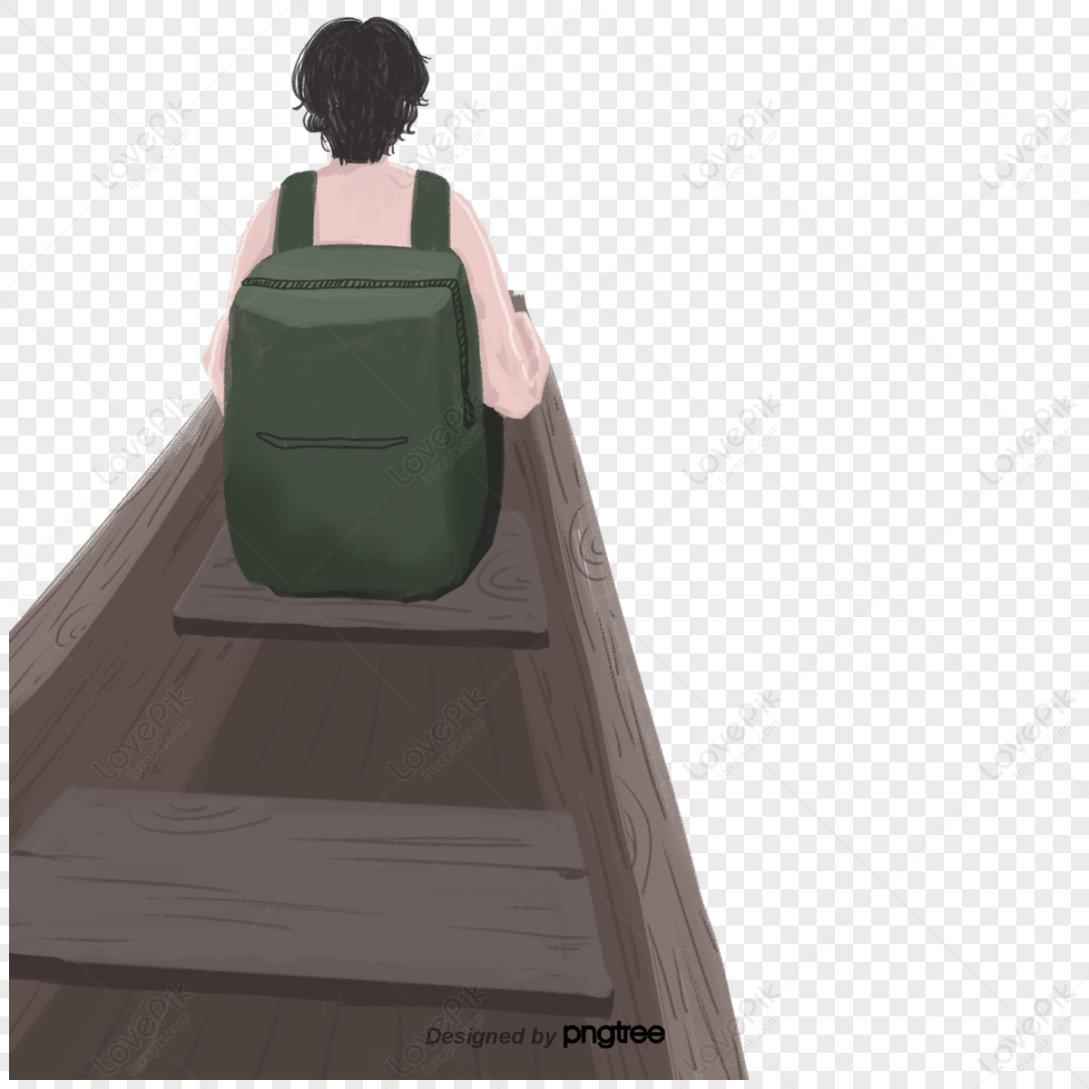 Cartoon sits in the bow of a boat carrying a traveling bag on the back of a boy png transparent background