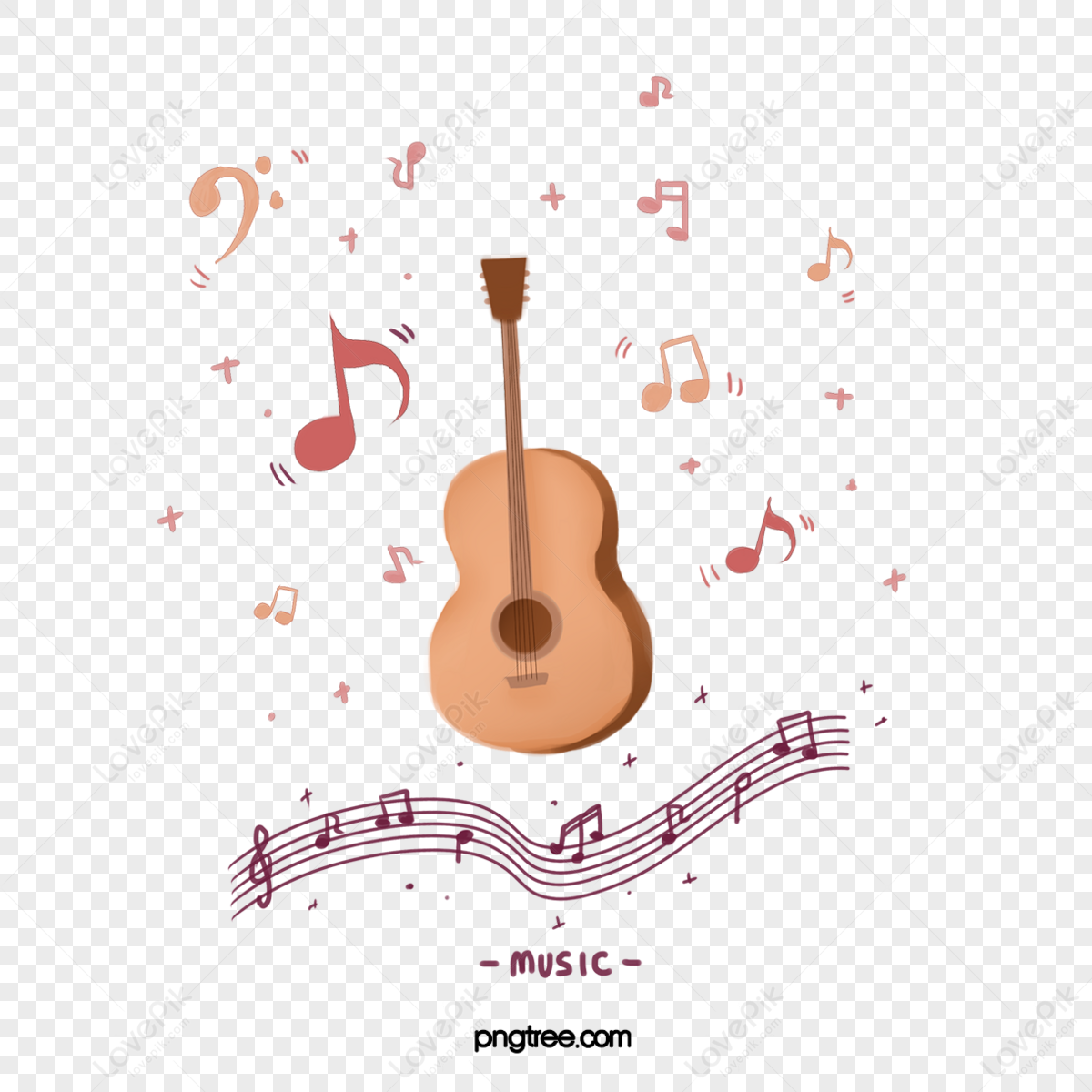 Orange Hand-painted Cute Simple Guitar Note Five-Line Spectrum Material,play,style png transparent background