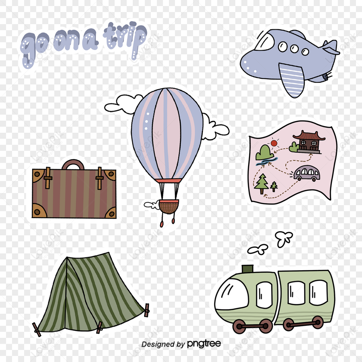 Simple Travel Theme Sticker,trunk,tent,hot air balloon free png