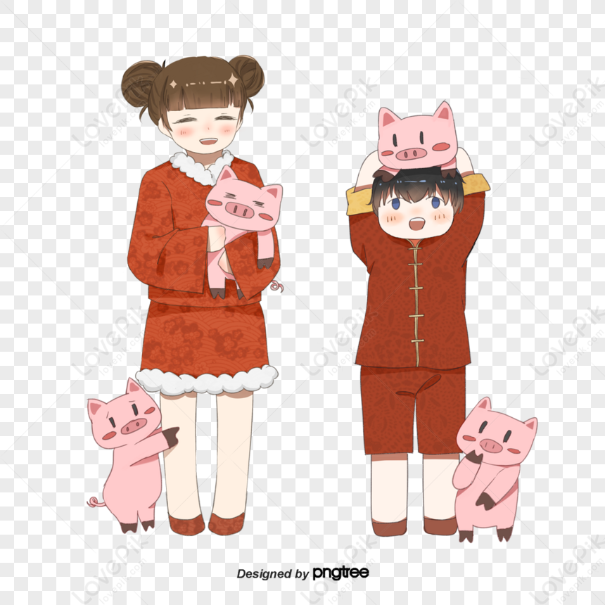 Two Little Girls And Four Pink Pigs,happy,uniform PNG Transparent Image ...