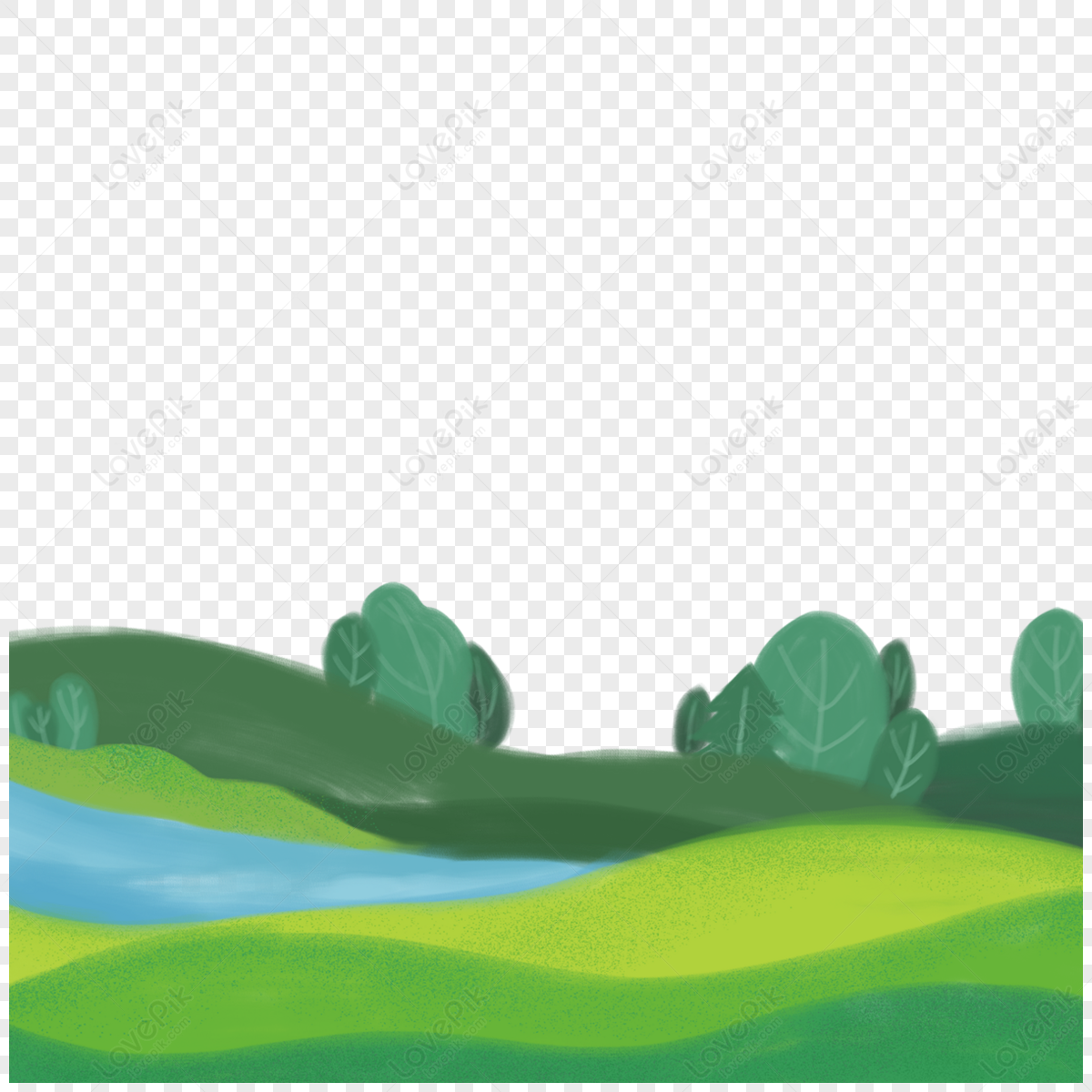 Cartoon Green Grassland River Tree Scene,rivers,flower Plant Free PNG ...