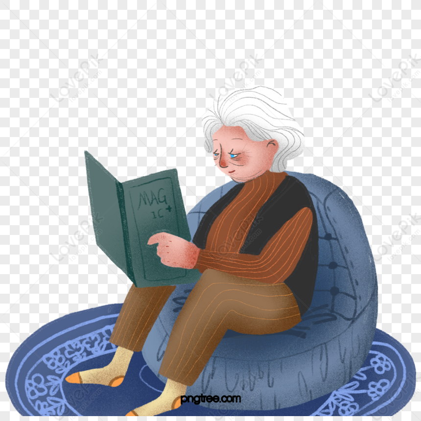 Home White Hair Grandma Sitting And Reading A Book,carpet,sofa PNG Free ...