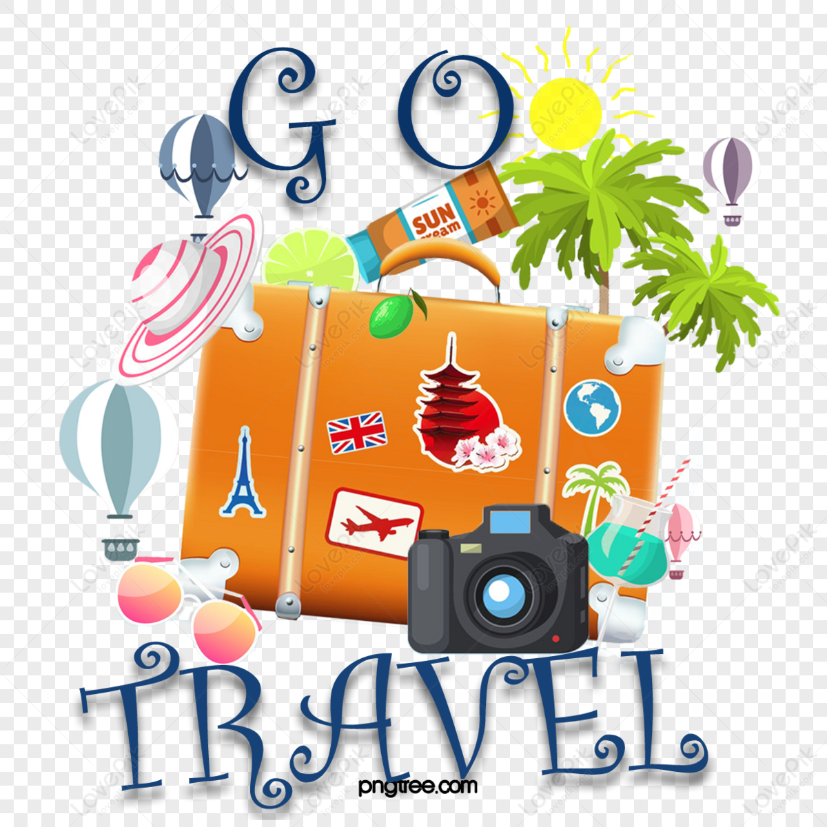 Travel vacation luggage shoes caps and camera elements,white,passport png free download