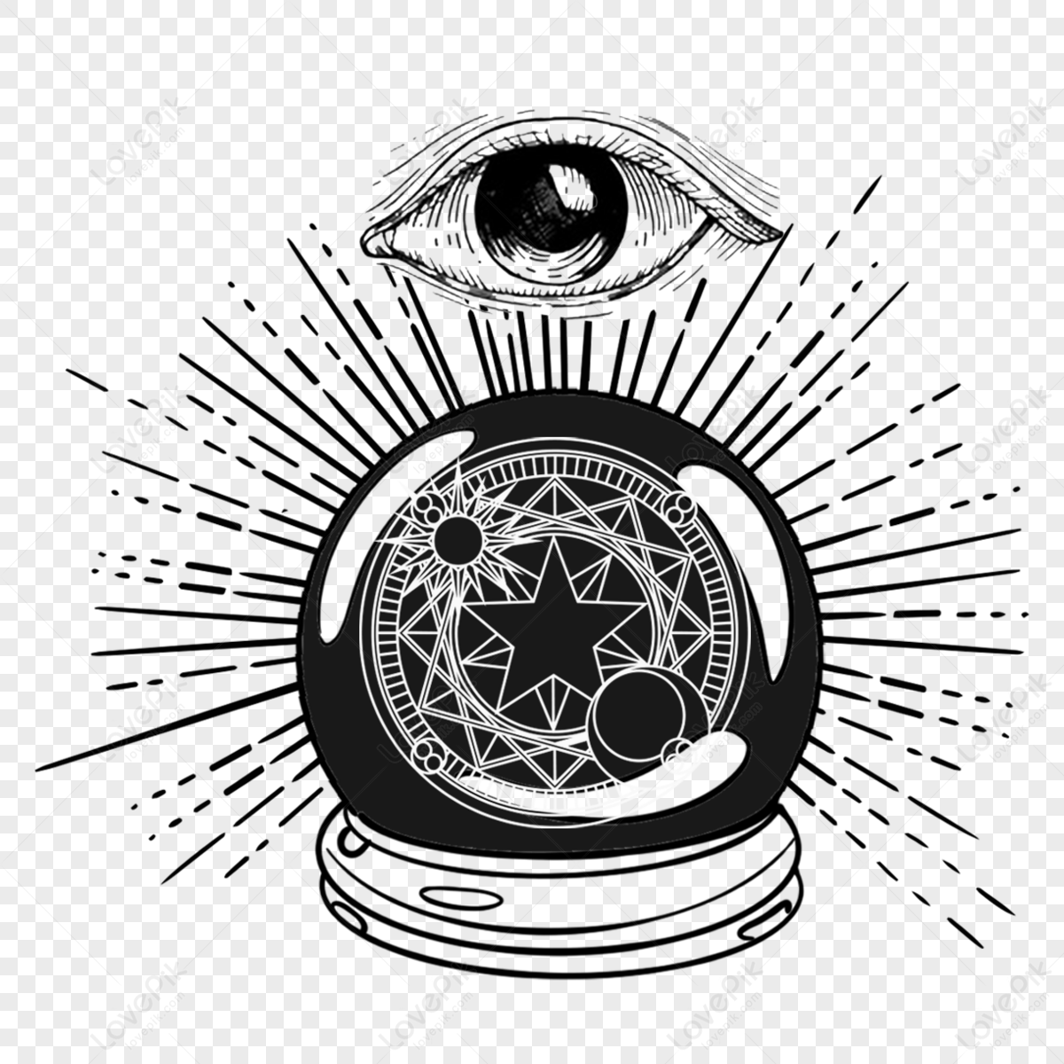 Divination Crystal Ball Eye Witchcraft Black And White Hand Drawn ...