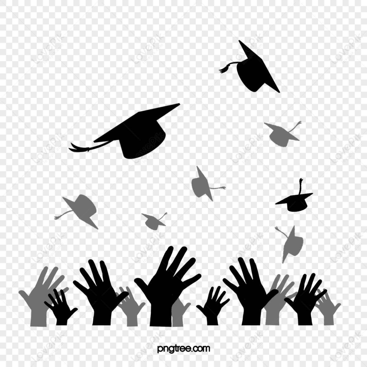 Flat Black Creative Silhouette Of Graduation Cap Thrown By Many Hands ...