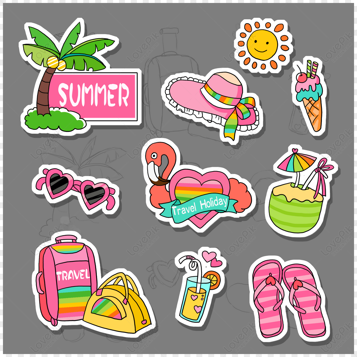summer romantic travel  cartoon stickers,summer party,slippers png image