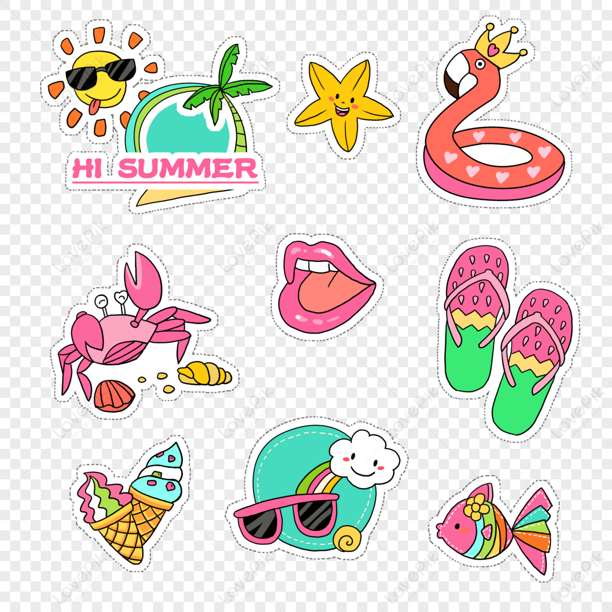 summer travel vacation girl cartoon sticker,shrimp,squid png image free download