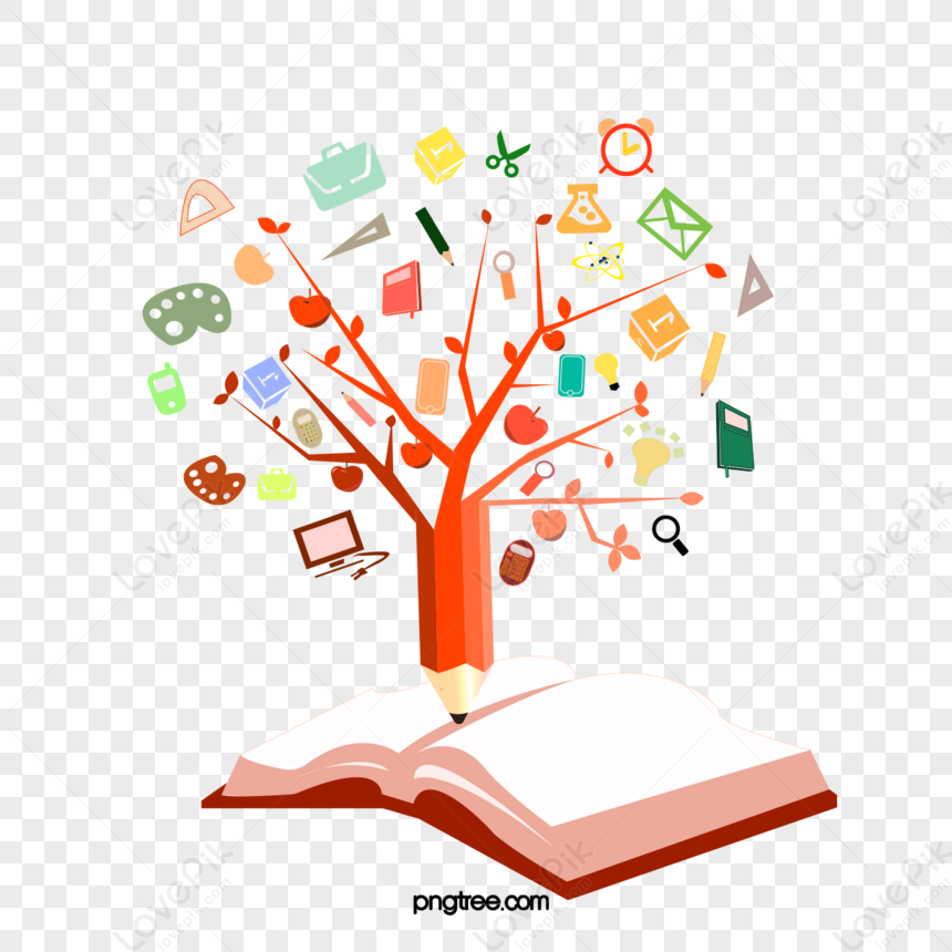 Vector Elements Of Pencil Knowledge Tree In Red Books,textbooks,read 