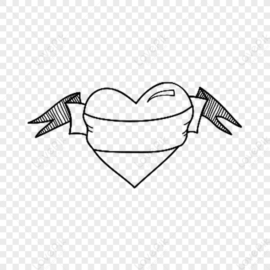 Black And White Line Drawing Hand Drawn Heart Wrapped In Ribbon PNG ...