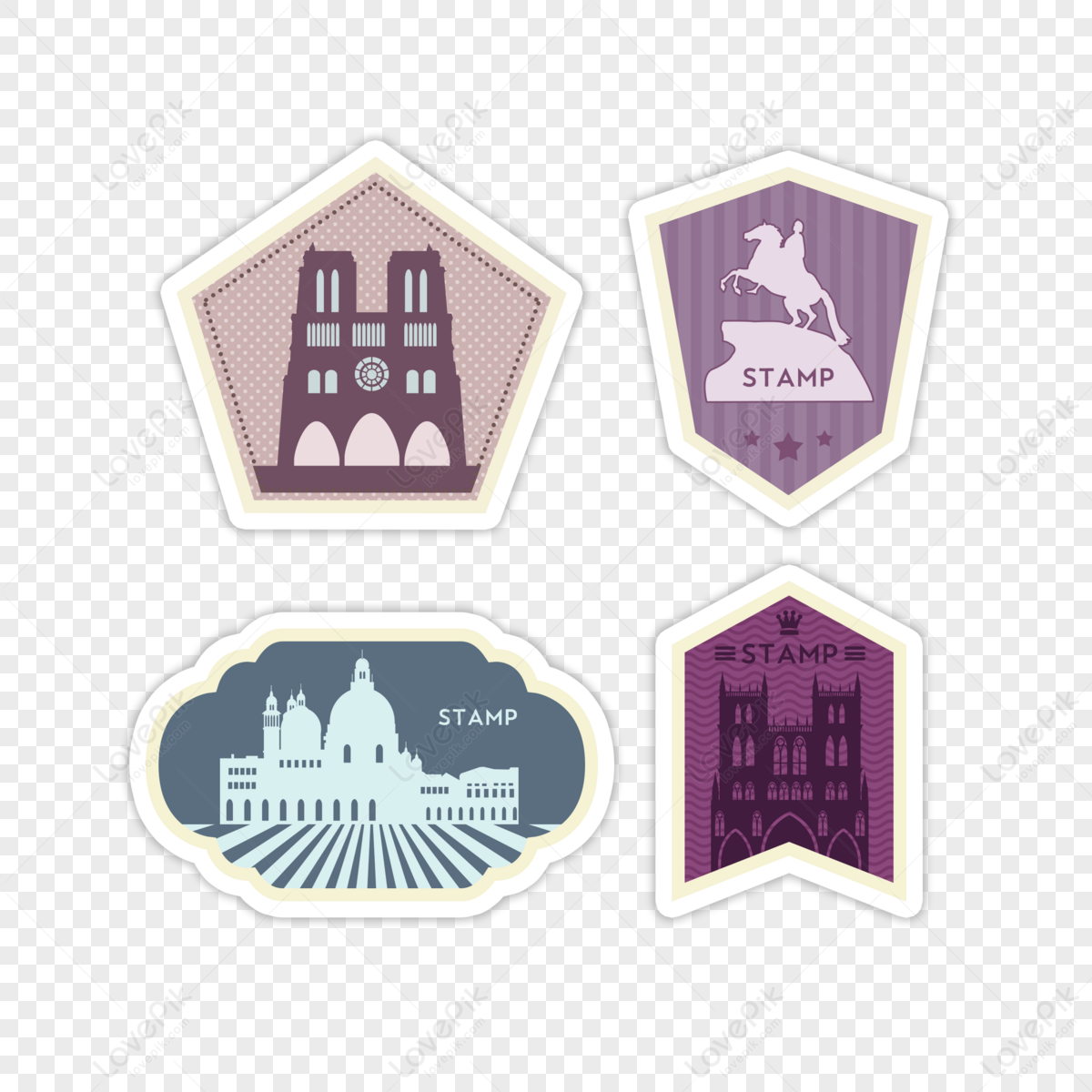 Cartoon famous building vintage travel stamp sticker,scenic spots and historical sites,cartoon buildings png transparent image