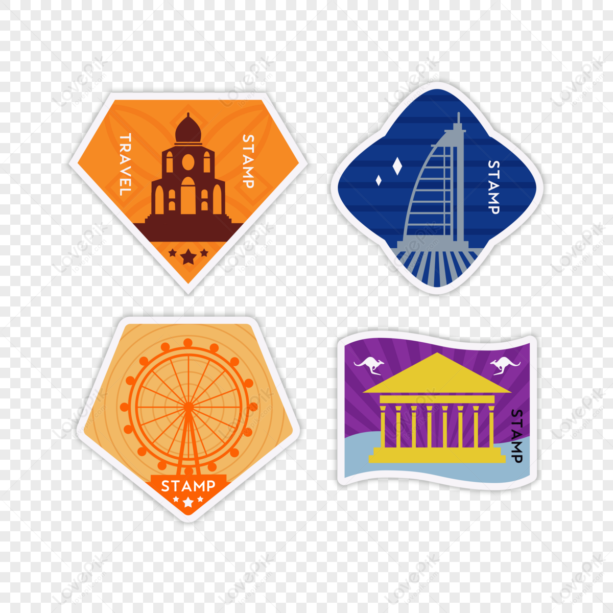 Cartoon geometric monuments vintage travel stamp sticker,travel around the world,seal png image