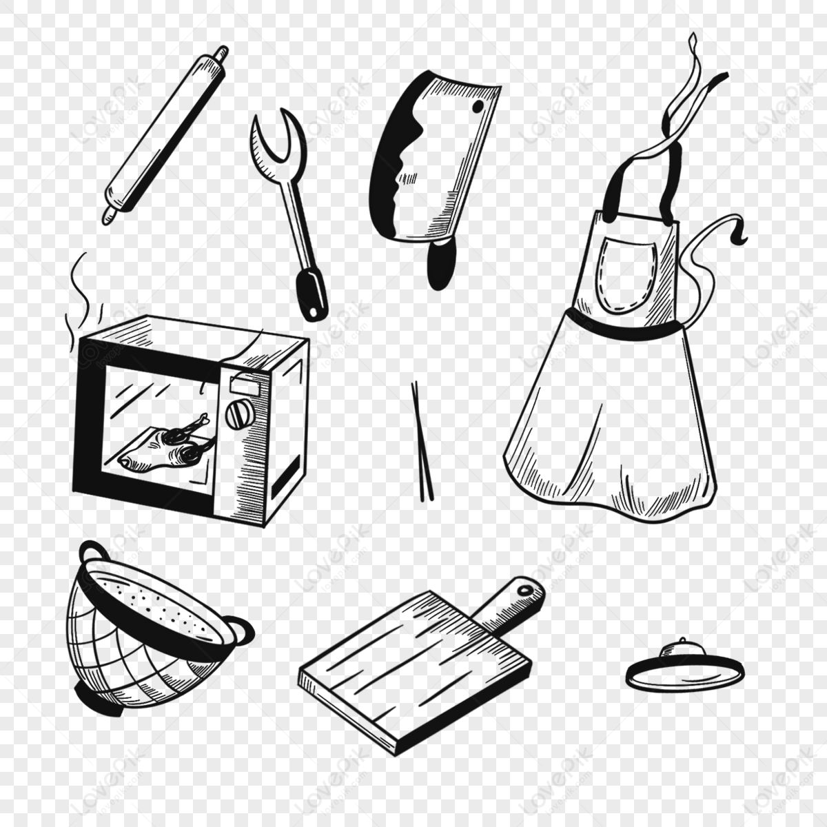 Cartoon Hand Drawn Creative Kitchen Line Drawing Illustration,paint ...