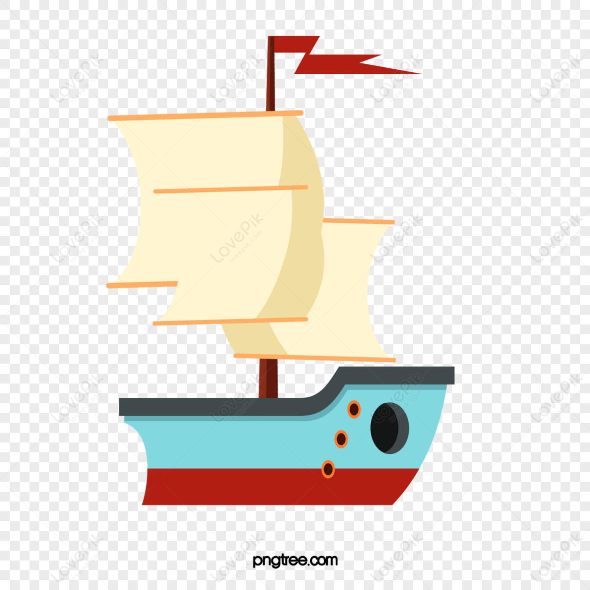 Cartoon hand drawn delicate sailboat illustration,flag,copyright png image