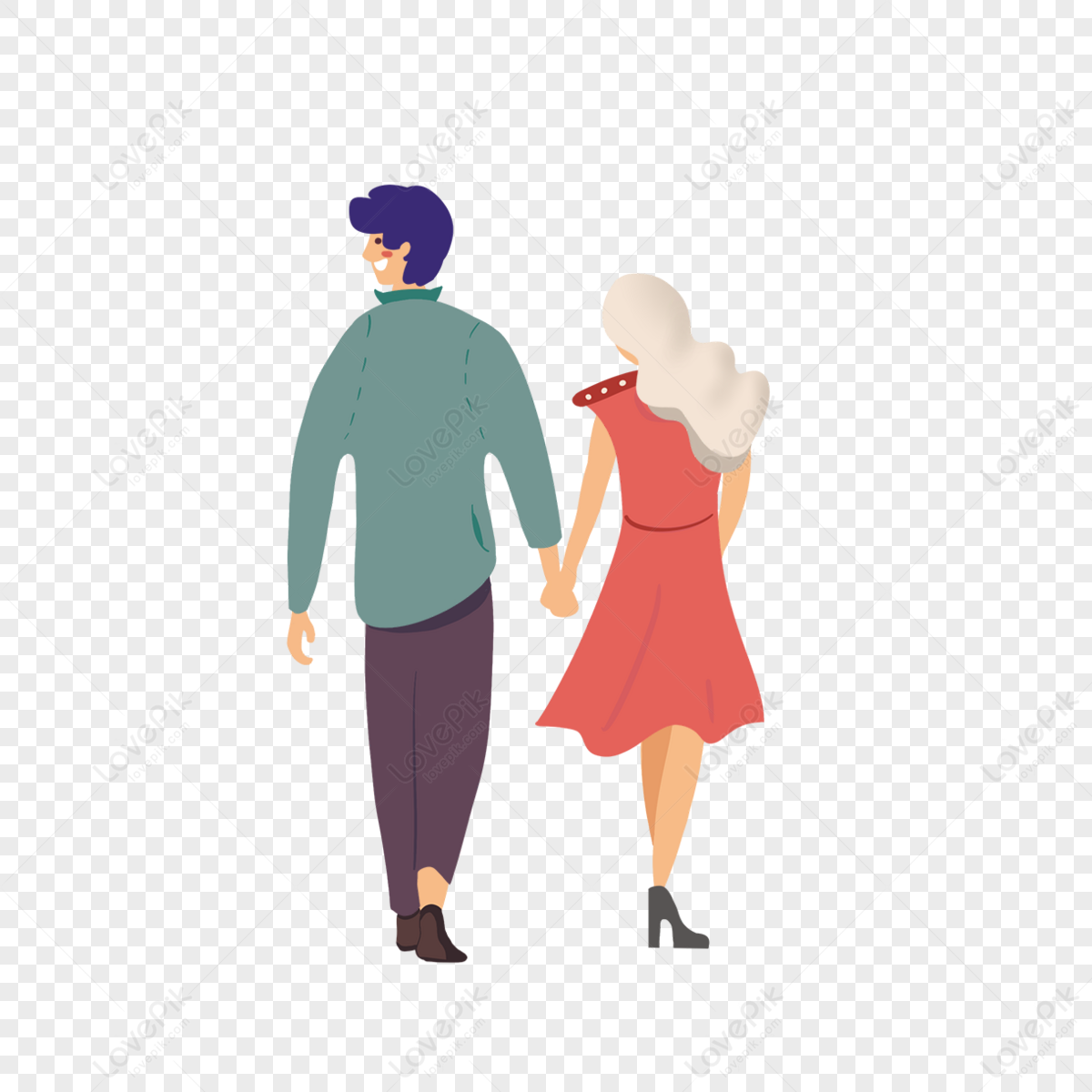 Cartoon Hand Drawn In Hand Couple Illustration,green,smile PNG Image ...