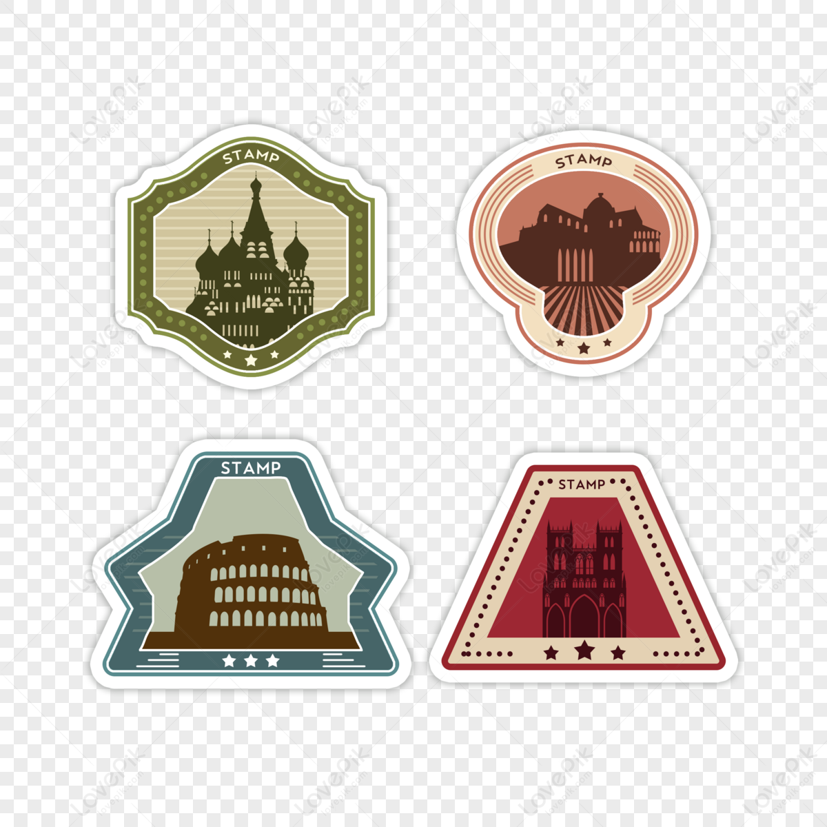 Creative stamp vintage stamp travel sticker,scenic spots and historical sites,premium png transparent background