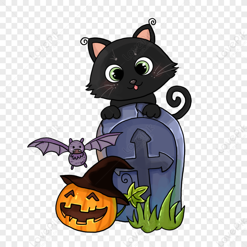 Halloween Cat Cemetery Cute Cat Bat,fun,sign PNG Transparent Image And ...