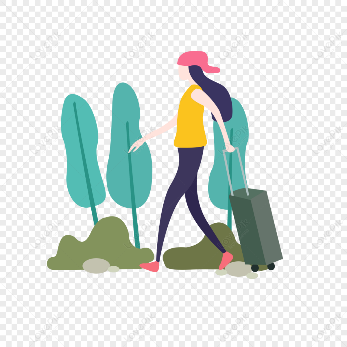 Hand drawn cartoon tourist red hat girl illustration,green leaf,paint hand png picture