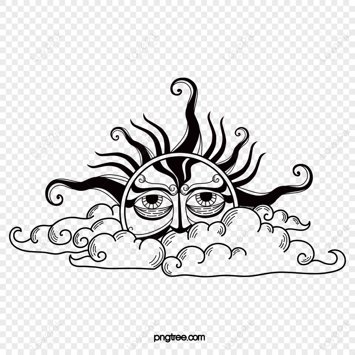 Hand Drawn Monochrome Sun Tattoo,cloud,sun God,shelter PNG Transparent ...